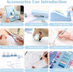 Blue Office Desk Accessories Supplies, 10pcs Desk Organizers and Accessories with Tape Dispenser and Stapler,Staples,Scissor,Ruler,Sticky Tabs,Tape,Ballpoint Pen,Clips Set