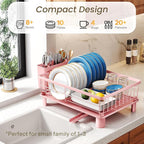 SNTD Dish Drying Rack - Small Dish Rack for Kitchen Counter, Stainless Steel Dish Drainer with Utensil Holder and Drainboard, 11" W x 15" L (Pink)