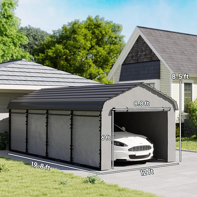 Outsunny 12' x 20' Heavy Duty Metal Carport, Waterproof Garage Car Canopy Shelter with Galvanized Metal Roof and Removable Sidewalls for Cars, Boats, Tractors, Dark Gray