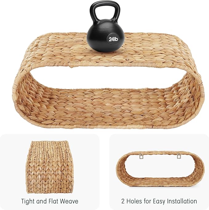 Wicker Wall Shelf,16.5'' Cute Boho Rattan Wall Mounted Shelves for Toilet Paper Storage,Plant, Book, Decorative,Natural Water Hyacinth Floating Shelves for Bathroom Decor,Nursery,Living Room