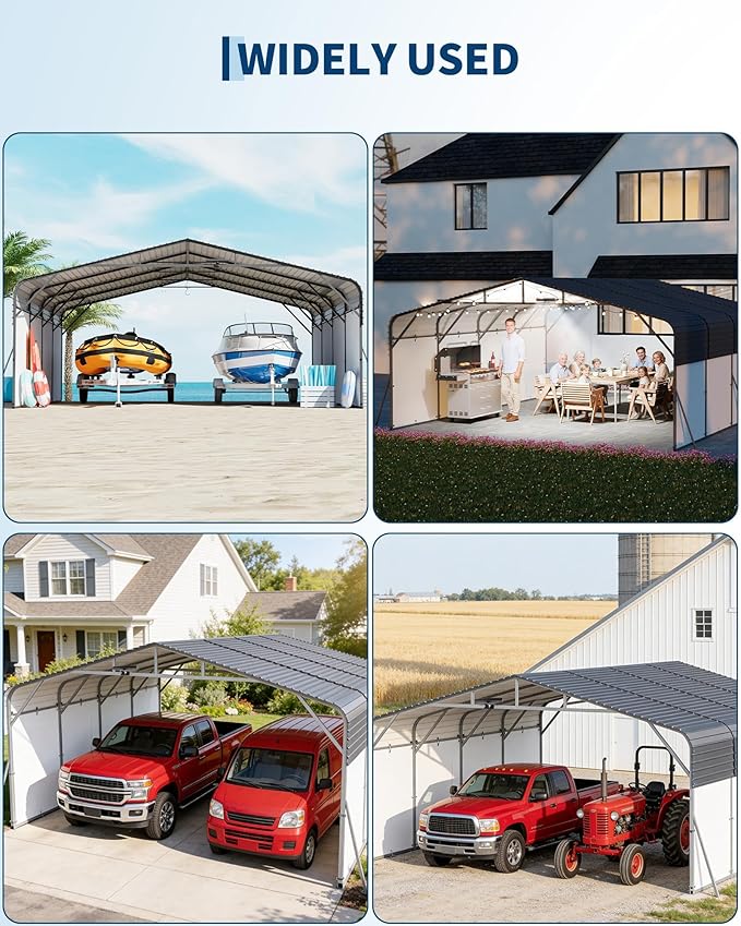 20x20FT Heavy Duty Metal Carport,Outdoor Portable Car Garage w/Led Light,Removable PE Sidewalls,Reinforced Base & Galvanized Steel Roof, Outdoor Car Port Canopy Shelter for Boats,Trucks