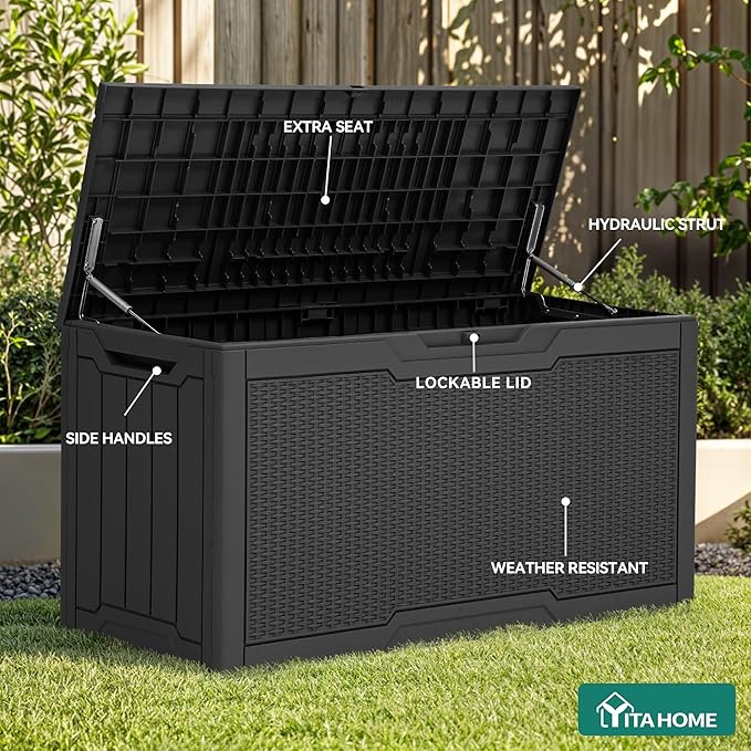 YITAHOME 80 Gallon Outdoor Storage Box, Large Water Resistant Resin Deck Box, Indoor Outdoor Lockable Rattan Storage Container for Patio, Garden, Cushions, Tools, Equipment (Black)