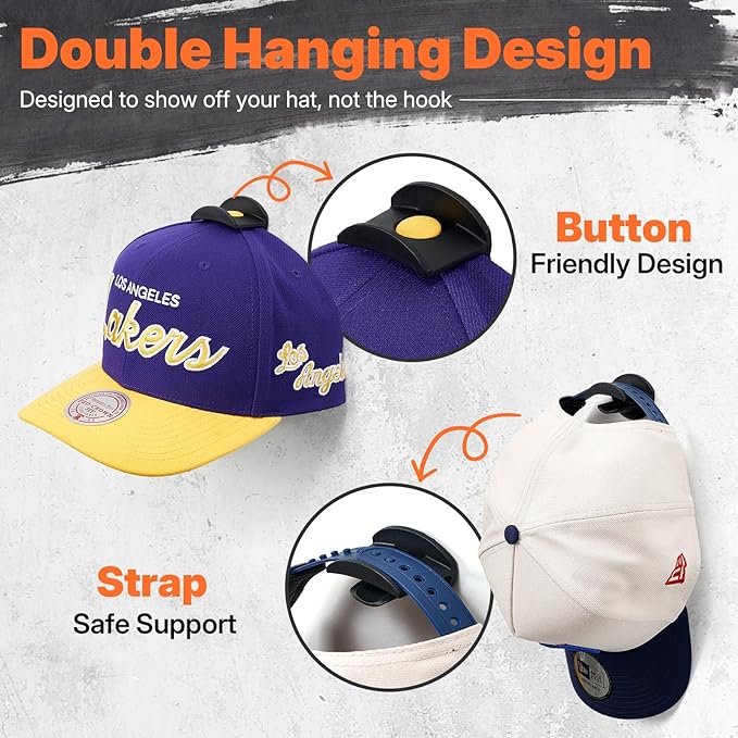 HOUSE DAY Adhesive Hat Hooks for Wall 8 Pack, Strong Hat Rack for Baseball Cap Display Organizer, Hats Holder for Wall, Door, Closet, No Drilling, Black