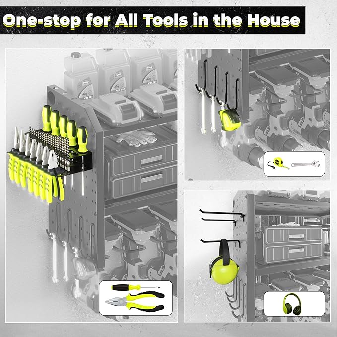 KAFAHOM Power Tool Organizer，Large 8 Drill Holder Wall Mount ，Heavy Duty Metal Tool Shelf with 12 Hooks，Storage Rack for Garage Organization，Utility Cordless Drill Holder and Battery Shelves