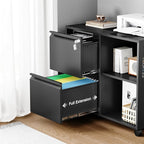Mobile Lateral File Cabinet with Side Hook, 2 Drawer File Cabinet with Lock fits A4/Letters/Legal Size for Home Office,Metal Rolling Printer Stand with Open Storage Adjustable Shelves(Black)