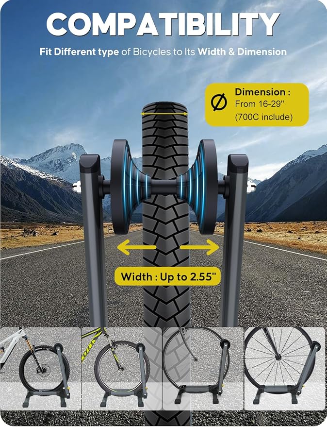 Bike Stand Floor for 16" - 29" Tires, Folding Garage Bike Rack for MTB & Road Bike Up to 2.4" Tire Width, Easy Storage Indoor Bicycle Stand，Latest Carbon Steel Version