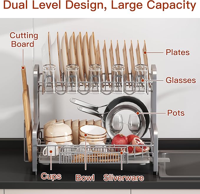 2 Tier Dish Drainers Drying Rack for Kitchen Counter Large Stainless Steel Dishes Drain with Drainboard, Space Saving, Big Modern Silver Countertop Metal Plates Dryer Strainer Holder and Extra Tray