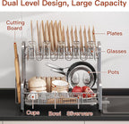 2 Tier Dish Drainers Drying Rack for Kitchen Counter Large Stainless Steel Dishes Drain with Drainboard, Space Saving, Big Modern Silver Countertop Metal Plates Dryer Strainer Holder and Extra Tray