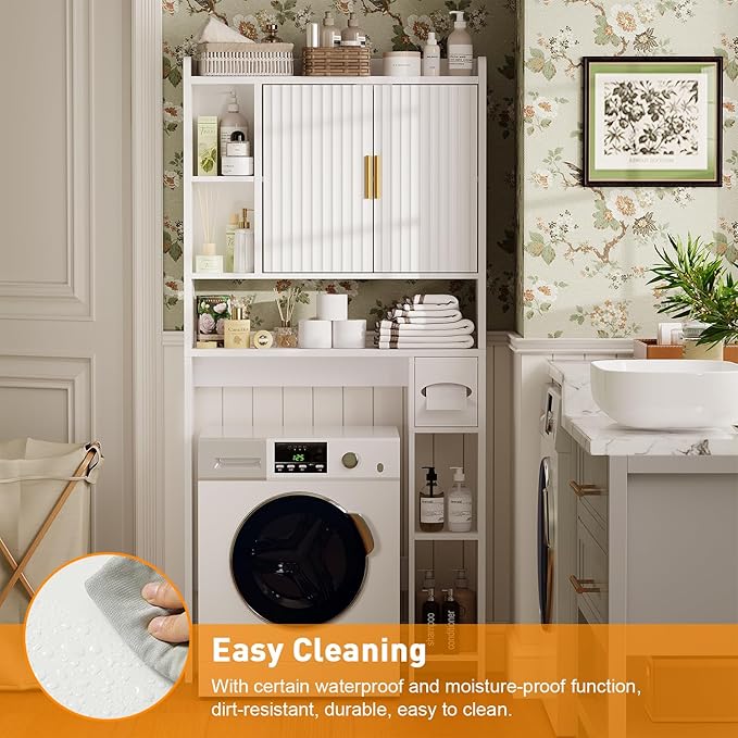 Fluted Over The Toilet Storage Cabinet, Above Toilet Bathroom Organizer with Toilet Paper Holder, Modern Behind Toilet Cabinet, Space Saver for Restroom, Bathroom, Laundry, White