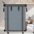 40 Gal (150L) Laundry Hamper with Lid, Leather Patchwork Laundry Basket with Rolling Lockable Wheels and Handle, Laundry Basket Organizer for Laundry Room, Bedroom and Bathroom,Laundry Room - Gray