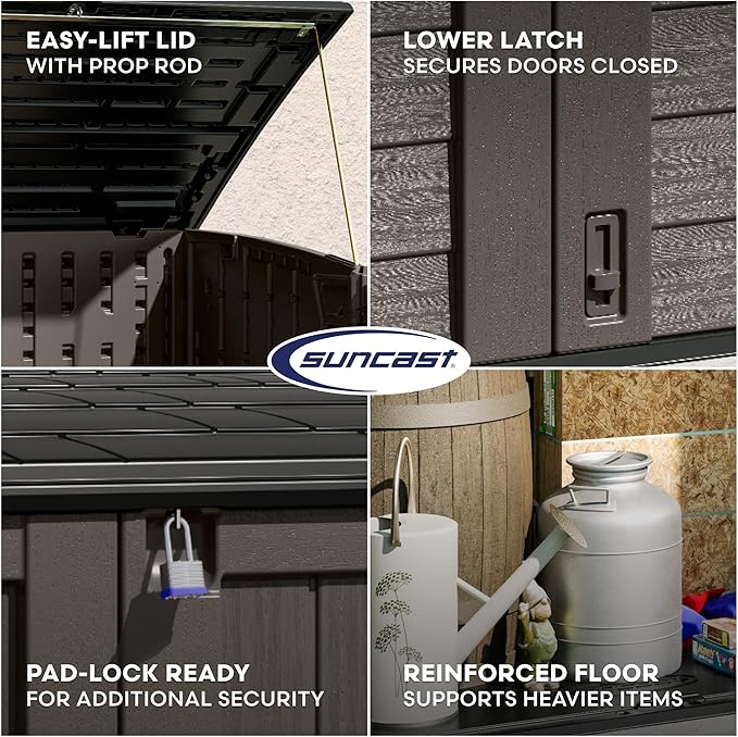 Suncast 5.9 ft. x 3.7 ft Horizontal Stow-Away Storage Shed - Natural Wood-Like Outdoor Storage for Trash Cans and Yard Tools - All-Weather Resin, Hinged Lid, Reinforced Floor - Made in The USA