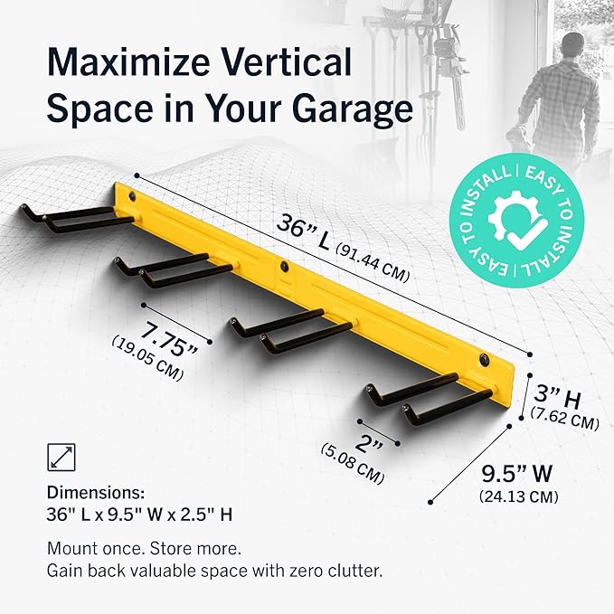 StoreYourBoard 36" Garage Tool Organizer Wall Mount | Garden Tool Organizer System | Heavy Duty Garden Tool Storage Rack for Yard Tools Rakes Shovels 250lbs Garage Organization | 4 PVC Coated Hooks