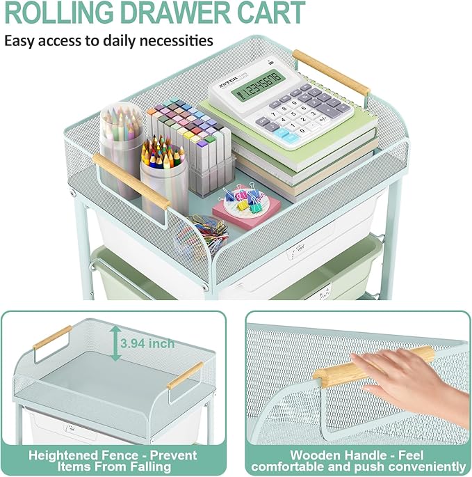 Rolling Utility Storage Cart with 4 Drawers - 4 Tiers Rolling Cart Craft Cart, Storage Drawer Cart Organizer for Craft Room Office Bedroom Classroom with Mesh Top & 4 PCS DIY Lable, Green