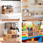 Rectangular Kitchen Utensil Holder for Countertop, Extra Large Kitchen Utensils Holder with 8 Compartments and Absorbing Drying Stone, Acacia Wood Silverware Caddy Organizer for Farmhouse Decor