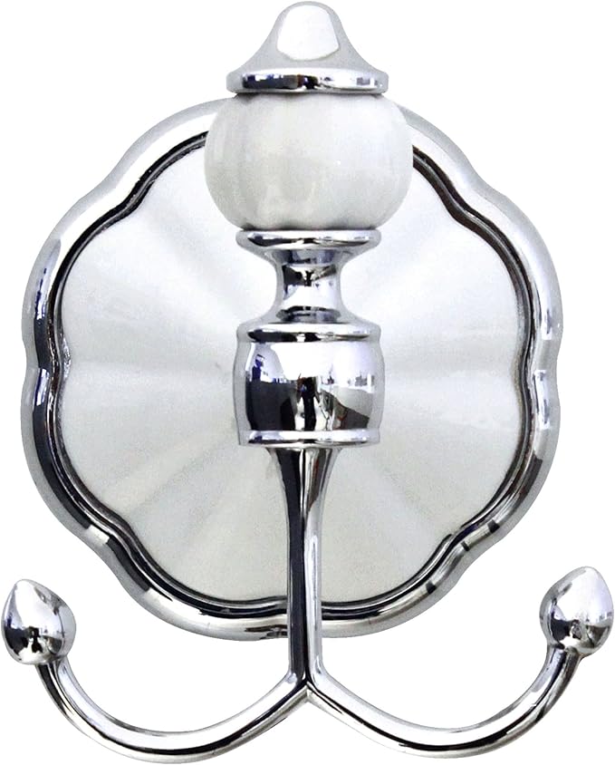 Double Robe & Towel Hook - White Porcelain & Chrome - Flora Series - 5 Year Warrantee