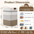 Laundry Hamper, 85L Tall Laundry Basket with Leather Handles, Rectangle Large Clothes Hamper for Organizing, Cotton Woven Laundry Baskets Storage Hampers for Bedroom, Nursery, Living Room