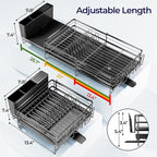 Large Dish Drying Rack, Expandable Dish Rack for Kitchen Counter, Dish Drainer with Drainboard Set, Multifunctional Dishrack with Utensil Holder & Cup Holder, 13.4"-28.7" L x 11.8" W, Black