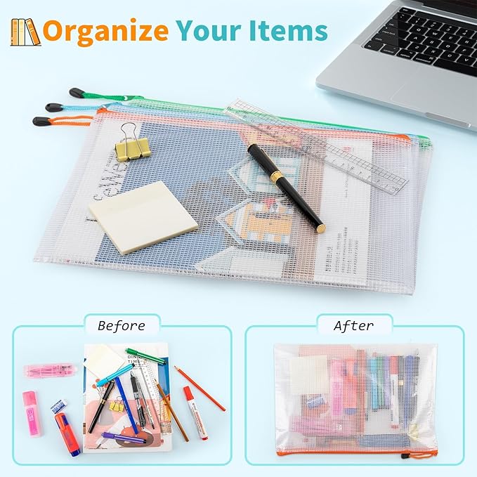 Umriox A4-48P 48pcs Mesh Zipper Pouch Bags, 16 Color, Clear Zipper Pouches for Organizing, Office, Home, Travel