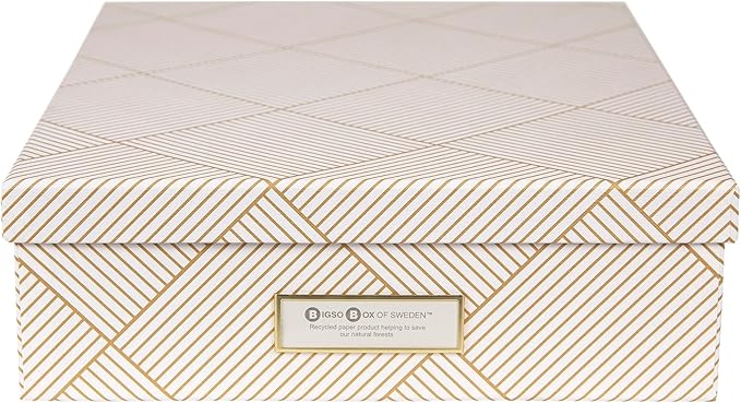 Bigso Oskar Fiberboard Label Frame Document Letter Box for Important Paperwork A4 or Letter Size - Durable Keepsake Box with Lid and Metal Label Holder - 3.3in x 10.2in x 13.8in - Golden Square