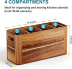 Utensil Holder for Kitchen Counter, Extra Large Utensil Holder for Countertop with 4 Compartments Wooden Cooking Utensil Organizer for Spatula Kitchen Storage, Acacia Wood