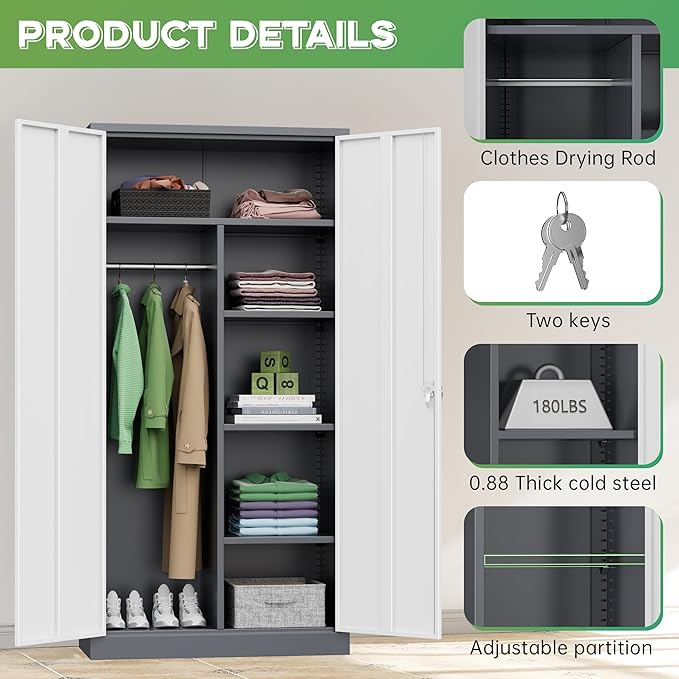 INTERGREAT Metal Wardrobe Closet, 72" Locking Storage Wardrobe Cabinet with White Doors and Shelves, 18 "D x 36" W Steel Clothes Storage for Office, Home, School, Gym (White Grey)
