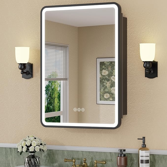 20 x 28 Inch LED Medicine Cabinet with Mirror, UL Certified Dimmable Lighted Bathroom Mirror Cabinet, Anti-Fog & Memory Function, 3 Color Modes, Recessed or Wall Mounted, Adjustable Shelf, Black