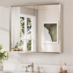 Keonjinn Medicine Cabinet Mirror 30" x 26", Assembly Needed, Brushed Nickel Bathroom Mirror with Storage, Beveled Aluminum Frame, Stepless Adjustable Shelves, Surface Mount or in Wall