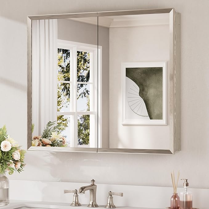 Keonjinn Medicine Cabinet Mirror 30" x 26", Assembly Needed, Brushed Nickel Bathroom Mirror with Storage, Beveled Aluminum Frame, Stepless Adjustable Shelves, Surface Mount or in Wall
