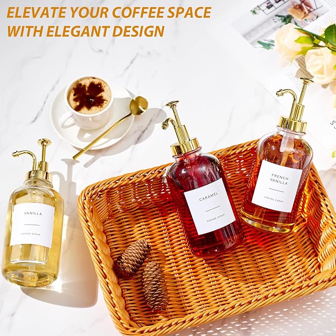 Coffee Syrup Dispenser for Bar, Glass Syrup Bottle with Pump, Coffee Pump Dispenser Bottle, Spoon for Station,16.9 oz, 500 ml