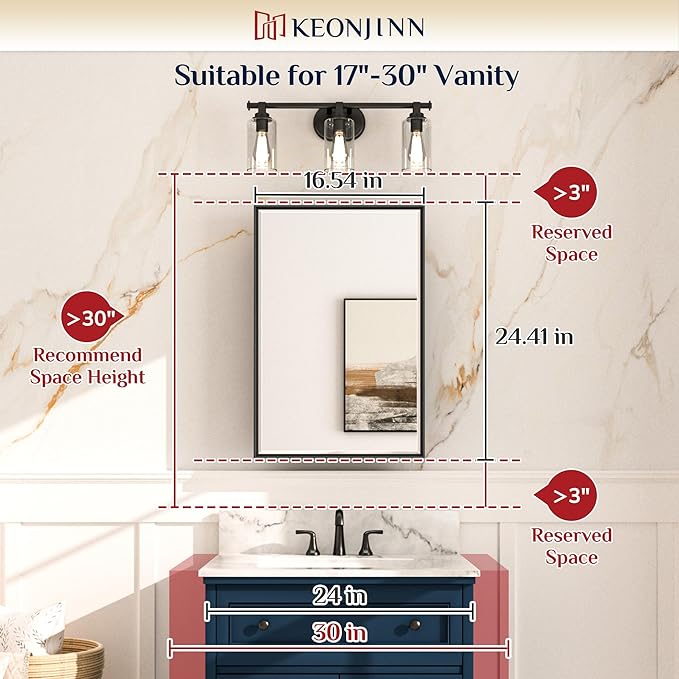 Keonjinn 17" x 25" Silver Bathroom Medicine Cabinets with Mirror, Recessed or Surface Wall-Mounted Aluminum Alloy Framed Beveled Mirror with Storage, 2 Adjustable Shelves for Bath Modern