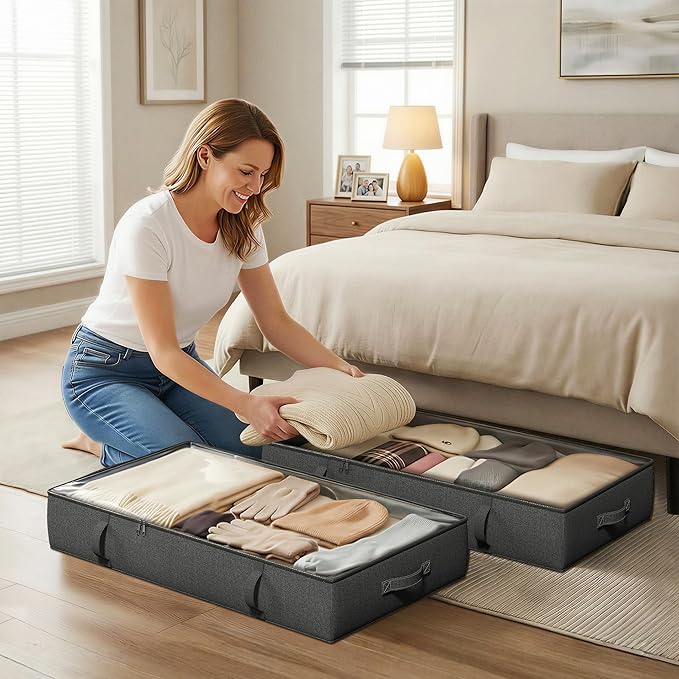 2-Pack Under Bed Storage Containers, 8 Inches Tall Underbed Clothes Storage Organizer Bin with Sturdy Sidewalls/Bottom, Under the Bed Storage Bags 2 Storage Bins, Black