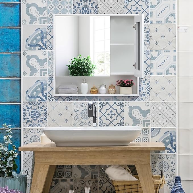 ALIMORDEN Medicine Cabinet with Mirror and Shelves, Bathroom Wood Wall Cabinet Over The Toilet, Vanity, Recessed or Surface Mount, 30.07 Inch x 30 Inch, White