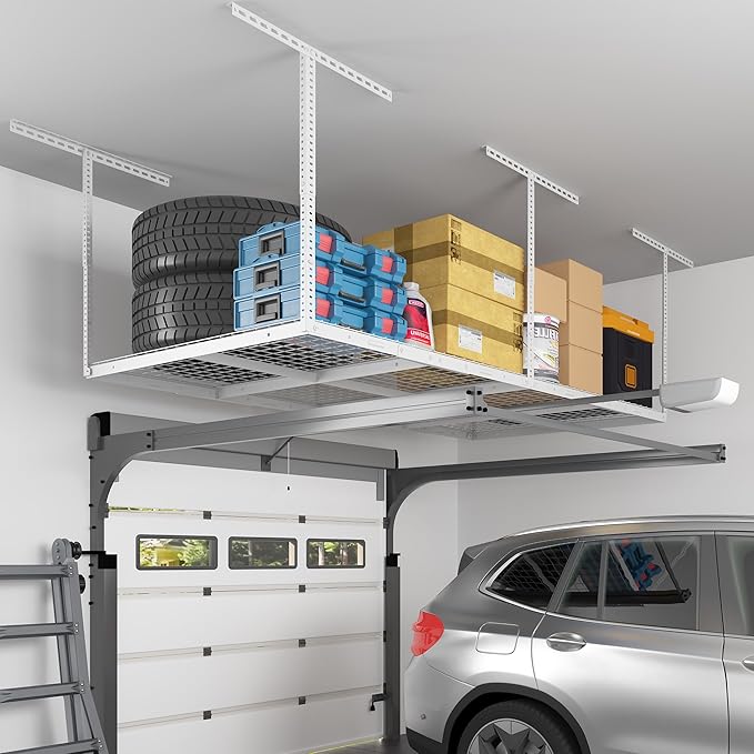 FLEXIMOUNTS 4x8 Overhead Garage Storage Rack, Adjustable Organization System, Heavy-Duty Metal Ceiling Racks, 750lbs Weight Capacity, White, Classic Series