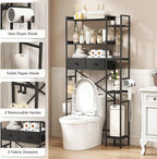 Over The Toilet Storage Shelf with Drawer, 7-Tier Above Toilet Bathroom Organizer with Adjustable Side Shelves, Space Saver Freestanding Rack with Holder & Hook for Laundry Kitchen (Black)