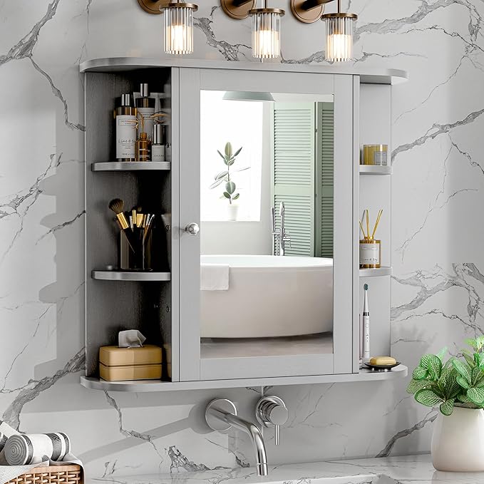 Meilocar Bathroom Mirror Cabinet Wall Mounted, Medicine Cabinet with Mirror and 6 Open Shelves, Modern Bathroom Wall Cabinets Medicine Cabinets, Grey