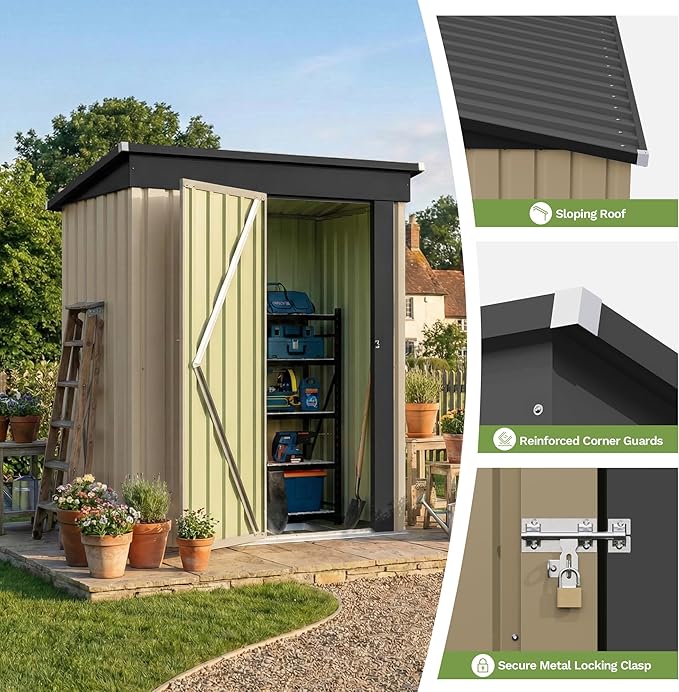 Devoko 5 x 3 FT Metal Storage Shed with Floor Frame Waterproof Garden Tool Shed with Lockable Door, Outdoor Shed Storage House for Backyard Patio Lawn, Brown