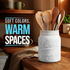 Comfify Wide Mouth Mason Jar Utensil Holder Decorative Kitchenware Organizer Crock - Perfect Cookware Gift - White, Large Size 5.4x6.75