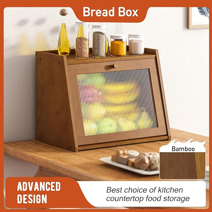 GHWIE Large Bread Box, Easy Access & Cleaning - Bamboo Bread Box for Kitchen Countertop with Acrylic Door (Coffee, Large)