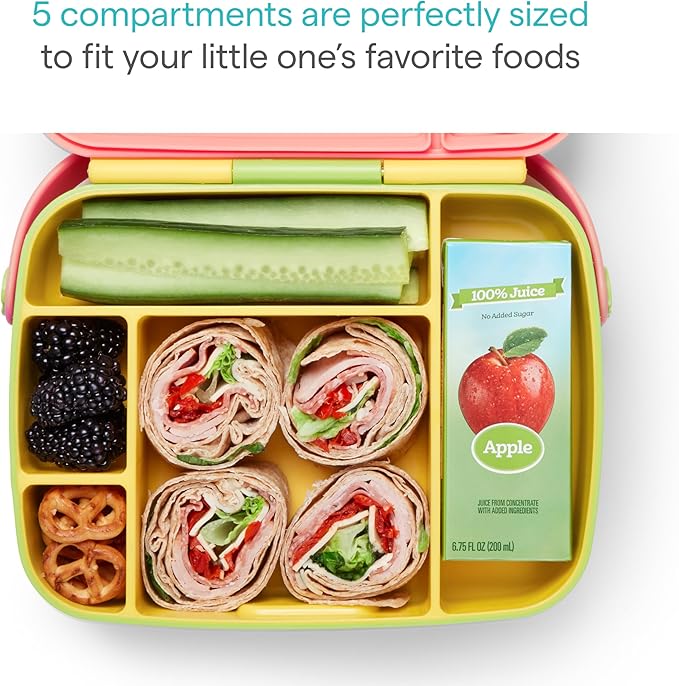 Munchkin Lunch Bento Box for Kids and Toddlers, Includes Stainless Steel Utensils, BPA-Free, 18 Months and Up, Pink/Green/Yellow