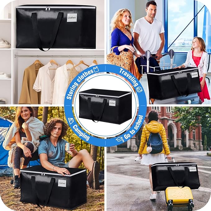 BlissTotes Collapsible Moving Bags - Heavy Duty Boxes with Zippers and Handles, Space Saving Packing Totes for Moving Supplies Storage (93L, 6-Pack, Black)