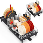 TOOLF Expandable Dish Rack, Dish Drying Rack for Kitchen Counter, Foldable Dish Dryer Rack, Stainless Steel Dish Drainer Racks with Cutlery Holder, Collapsible Dish Drying Racks Large Size,Black