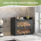 Large Bread Box for Kitchen Countertop Wooden Double Layer Breadbox Organizer with Window Vintage Farmhouse Bread Storage Container for Homemade Bread (Black)