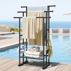 ELYKEN 3 Tier Standing Towel Rack, 40'' Tall Towel Drying Rack Outdoor, Freestanding Floor Towel Rack with Shelf, Pool Towel Blanket Stand, Metal Towel Racks for Bathroom freestanding, Matte Black