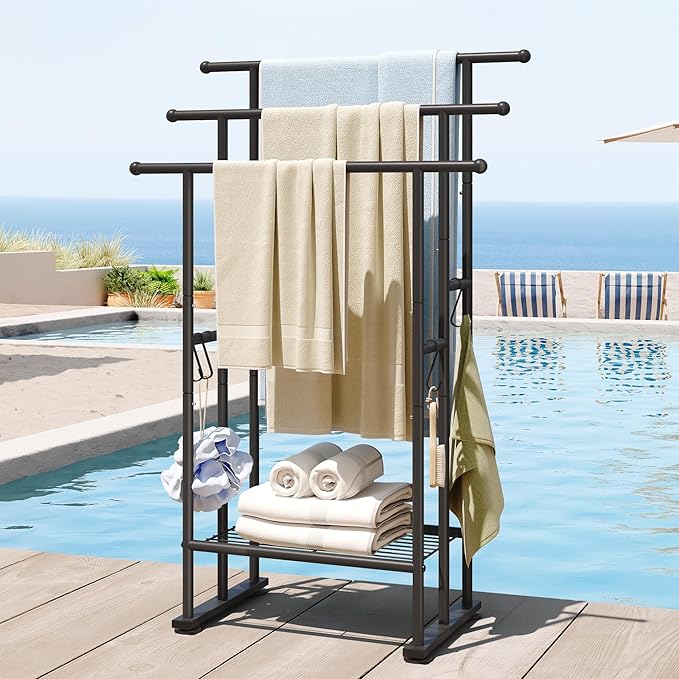 ELYKEN 3 Tier Standing Towel Rack, 40'' Tall Towel Drying Rack Outdoor, Freestanding Floor Towel Rack with Shelf, Pool Towel Blanket Stand, Metal Towel Racks for Bathroom freestanding, Matte Black
