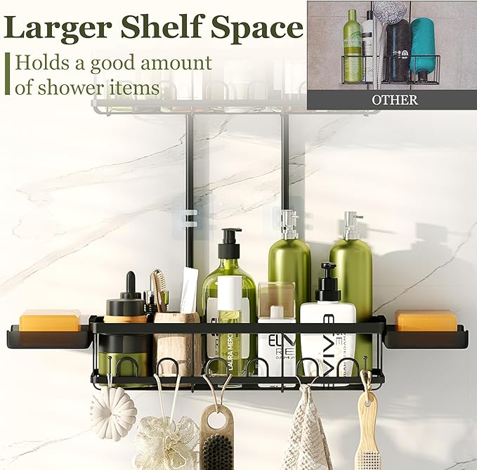 Shower Caddy Hanging: Adjustable Height Organizer for Over Showerhead - Black Rustproof Shower Shelves with Hooks & 2 Soap Holders