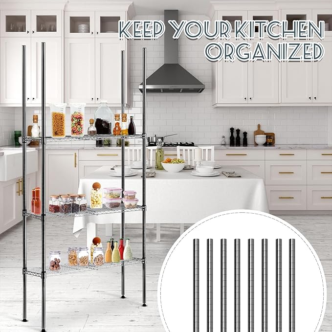 Chrome Wire Shelving Posts Commercial Heavy Duty Poles Wire Shelf Parts with 50 Pcs Clips for 1" Post Rack Accessories, Black(Set of 4,74 Inch)