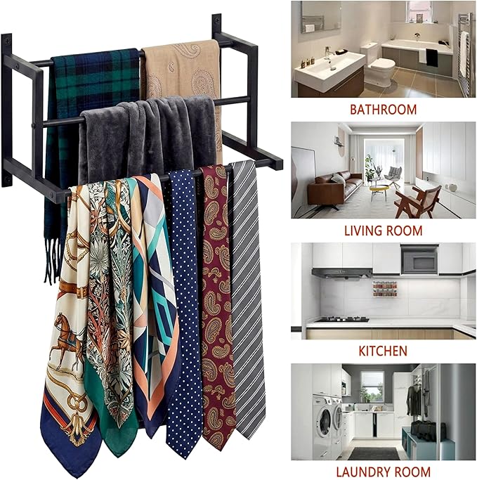 Wall Mounted Towel Rack for Bathroom, Steel Towel Bar Storage Blanket Holder with 3 Triple Towel Rods, Black
