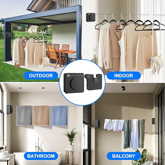 15.7Ft Retractable Clothesline Indoor is Also an Anti-sag Retractable Clothesline Outdoor,Stainless Steel Wire Laundry line Retractable for Drying Clothes ，with 12 Clip (Black)