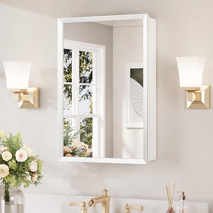 Keonjinn Medicine Cabinet Mirror 16" x 24", Assembly Required, White Medicine Cabinet with Mirror for Bathroom, Beveled Framed, Wall-Mounted or Recessed, Stepless Adjustable Shelves