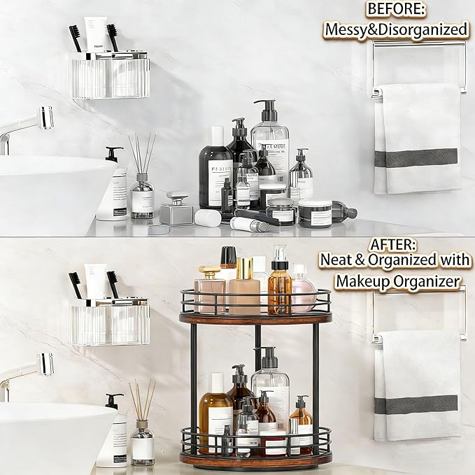 Bathroom Organizer Countertop,2 Tier Rotating Makeup Organizer Countertop for Vanity,Wooden Bathroom Counter Storage Shelf,Lazy Susan Turntable for Perfume,Skincare,Cosmetic (Brown)
